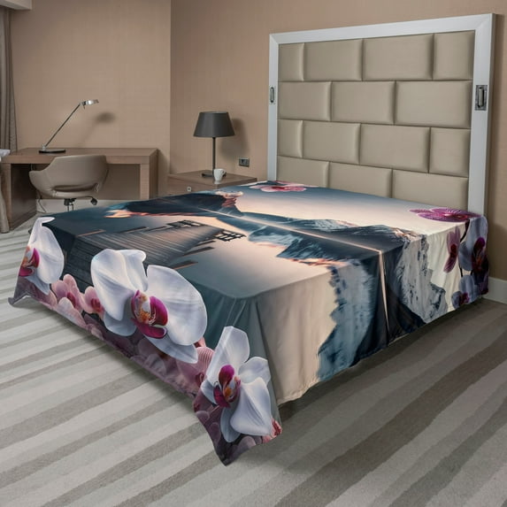 Ambesonne Lake Flat Sheet, Peaceful Orchid Calm Mountains, Queen Size, Pale Purple Petrol Blue