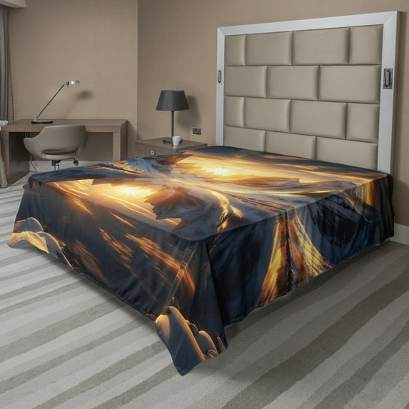 Ambesonne Lake Flat Sheet, Reflection Snowy Mountain Dawn, King Size, Orange and Dark Blue