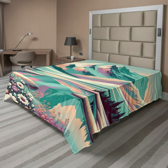 Ambesonne Lake Flat Sheet, Snowy Mountain Dreamland Print, King Size, Seafoam Coral Plum