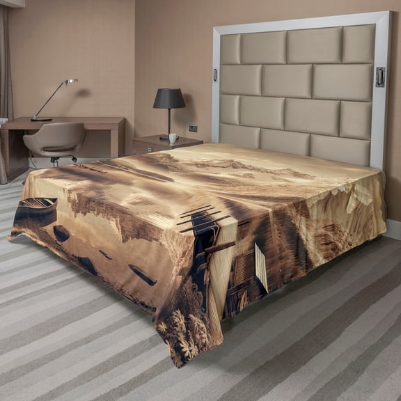 Ambesonne Lake Flat Sheet, Snowy Mountains Sepia Effect, California King, Grey Yellow Warm Taupe