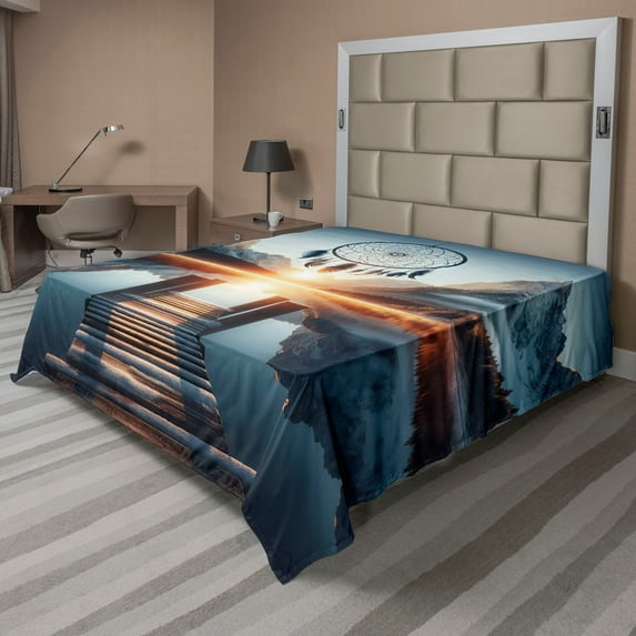 Ambesonne Lake Flat Sheet, Sunset Horizon Dreamcatcher, California King, Slate Blue Orange