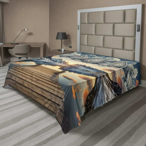 Ambesonne Lake Flat Sheet, Sunset Mountains Pier Paisley, California King, Slate Blue and Peach