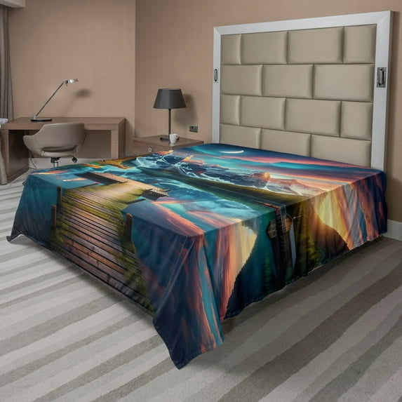 Ambesonne Lake Flat Sheet, Wooden Pier Dramatic Night, California King, Coral Dark Turquoise