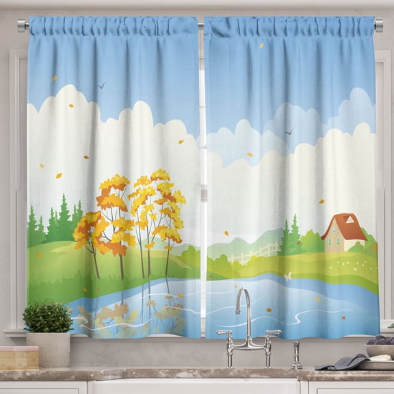 Ambesonne Lake House Kitchen Curtains, Seasonal Rural Landscape, 55"x30", Multicolor
