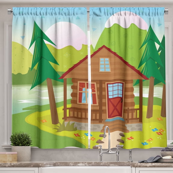 Ambesonne Lake House Kitchen Curtains, Wood Cabin in the Forest, 55"x30", Multicolor