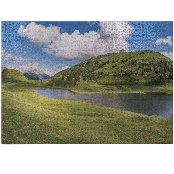 Ambesonne Lake Jigsaw Puzzle Durable Cardboard, Mountains Woodland Print Art, 1000 pcs, Olive Green and Azure Blue