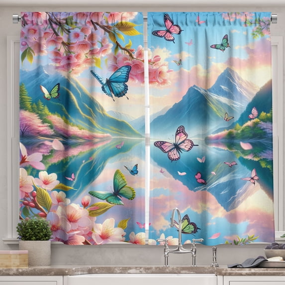 Ambesonne Lake Kitchen Curtains, Butterflies Cherry Blossoms, 55"x36", Pink Sky Blue Green