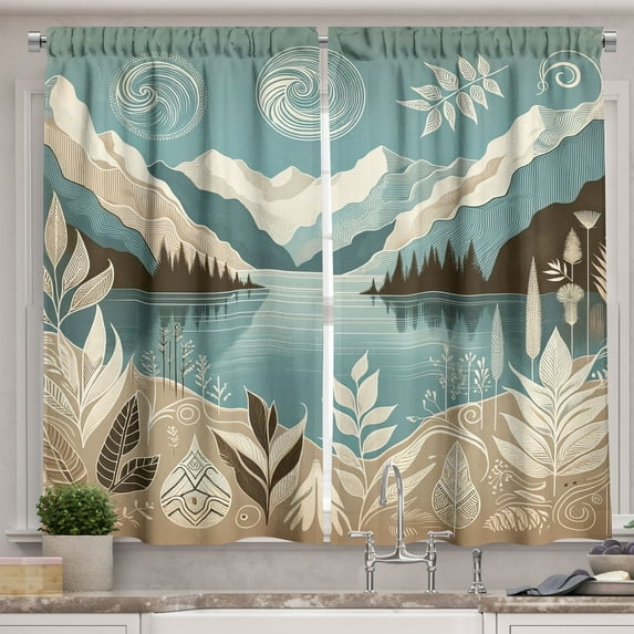 Ambesonne Lake Kitchen Curtains, Calm Mountains Scenery Botany, 55"x30", Pale Teal Tan and Brown