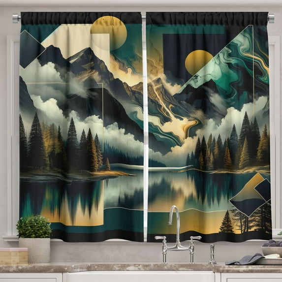 Ambesonne Lake Kitchen Curtains, Clouds Mountains Geometric Art, 55"x39", Teal Earth Yellow Grey