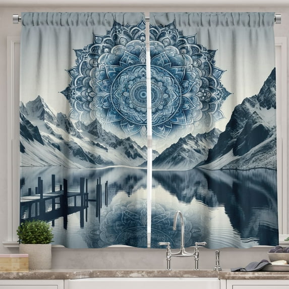 Ambesonne Lake Kitchen Curtains, Ethnic Boho Mandala Mountains, 55"x36", Night Blue