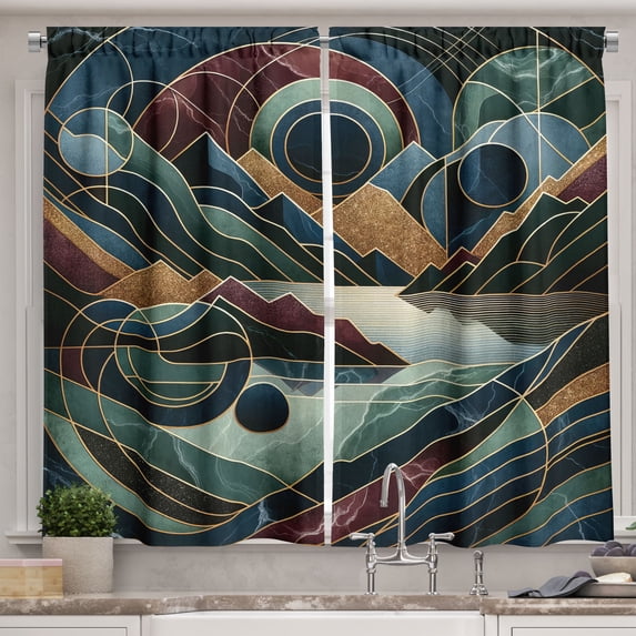 Ambesonne Lake Kitchen Curtains, Fibonacci Details Mountains, 55"x36", Raspberry Pale Teal Blue