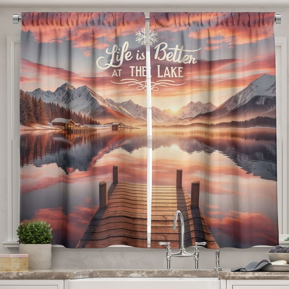 Ambesonne Lake Kitchen Curtains, Mesmerizing Sunset Mountains, 55"x36", Salmon Purple Grey