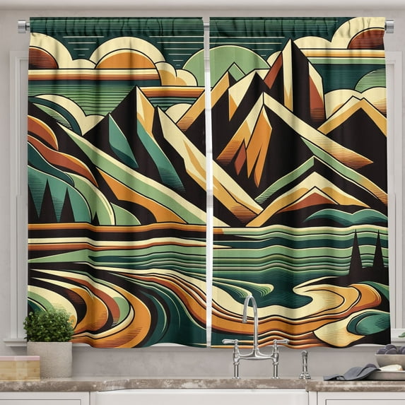 Ambesonne Lake Kitchen Curtains, Mountain Landscape Mid Century, 55"x45", Orange Almond Green