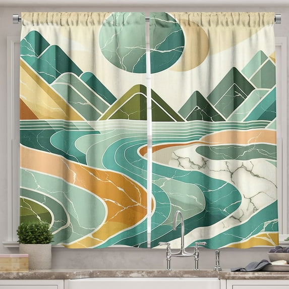 Ambesonne Lake Kitchen Curtains, Mountain Minimal Marble Print, 55"x24", Amber and Seafoam