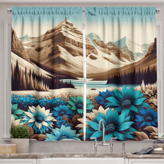 Ambesonne Lake Kitchen Curtains, Mountain Scene Icy Tone Floral, 55"x36", Pale Blue Pastel Brown