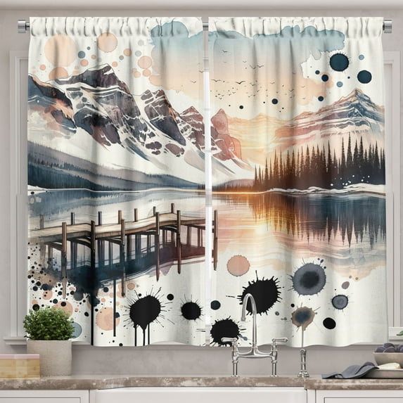 Ambesonne Lake Kitchen Curtains, Mountain and Paint Splatter, 55"x45", Peach and Pale Slate Blue