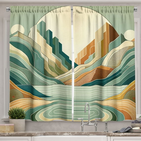 Ambesonne Lake Kitchen Curtains, Pastel Rising Mountains Art, 55"x36", Seafoam Peach and Amber