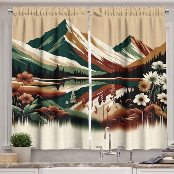 Ambesonne Lake Kitchen Curtains, Peaceful Meadow Scene Woods, 55"x24", Hunter Green Pale Redwood