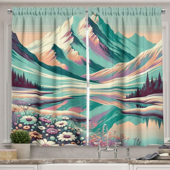 Ambesonne Lake Kitchen Curtains, Snowy Mountain Dreamland Print, 55"x24", Seafoam Coral Plum