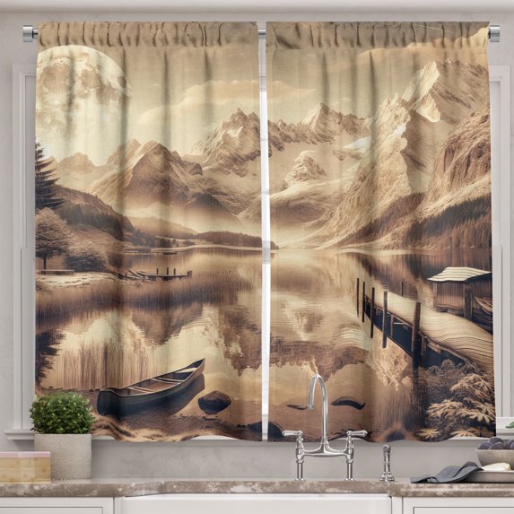 Ambesonne Lake Kitchen Curtains, Snowy Mountains Sepia Effect, 55"x24", Grey Yellow Warm Taupe