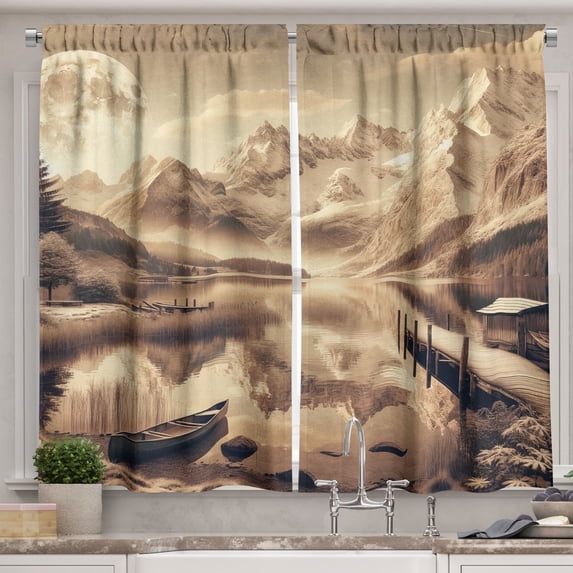 Ambesonne Lake Kitchen Curtains, Snowy Mountains Sepia Effect, 55"x30", Grey Yellow Warm Taupe