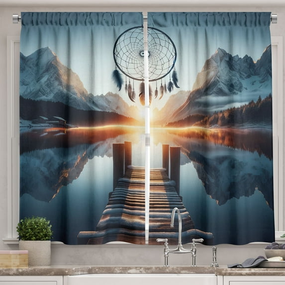 Ambesonne Lake Kitchen Curtains, Sunset Horizon Dreamcatcher, 55"x30", Slate Blue Orange