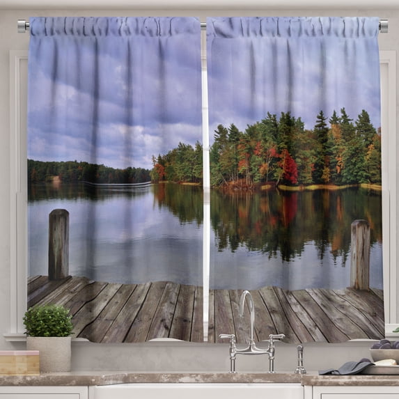 Ambesonne Lake Kitchen Curtains, Wooden Dock Fall Splendor, 55"x39", Multicolor
