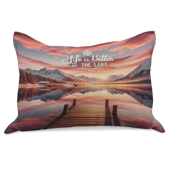 Ambesonne Lake Knitted Quilt Pillowcover, Mesmerizing Sunset Mountains, 30"x20", Salmon Purple Grey