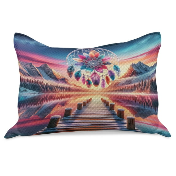 Ambesonne Lake Knitted Quilt Pillowcover, Pure Wild Mountains Feathers, 30"x20", Pink Peach and Teal