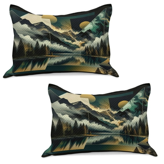 Ambesonne Lake Knitted Quilt Pillowcover Set of 2, Clouds Mountains Geometric Art, 30" x 20", Teal Earth Yellow Grey