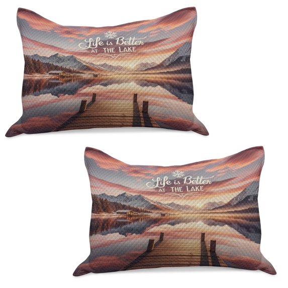 Ambesonne Lake Knitted Quilt Pillowcover Set of 2, Mesmerizing Sunset Mountains, 30" x 20", Salmon Purple Grey