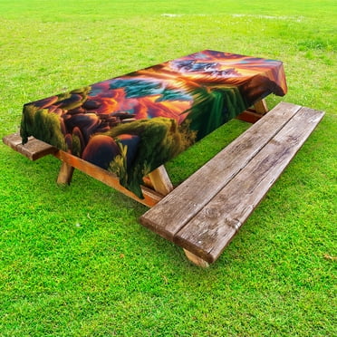 Ambesonne Lake Outdoor Tablecloth, Colorful Mesmerizing Scenery, 58"x84", Burnt Sienna Green Teal