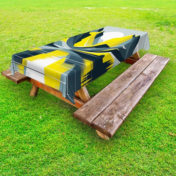 Ambesonne Lake Outdoor Tablecloth, Modern boho Sunrise Mountains, 58"x84", Mustard Purpleblue White