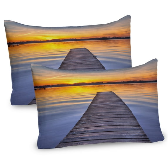 Ambesonne Lake Pillow Sham 2 Pack, Sunset at Paterwoldsemeer, 36"x20", Orange Blue Grey Umber