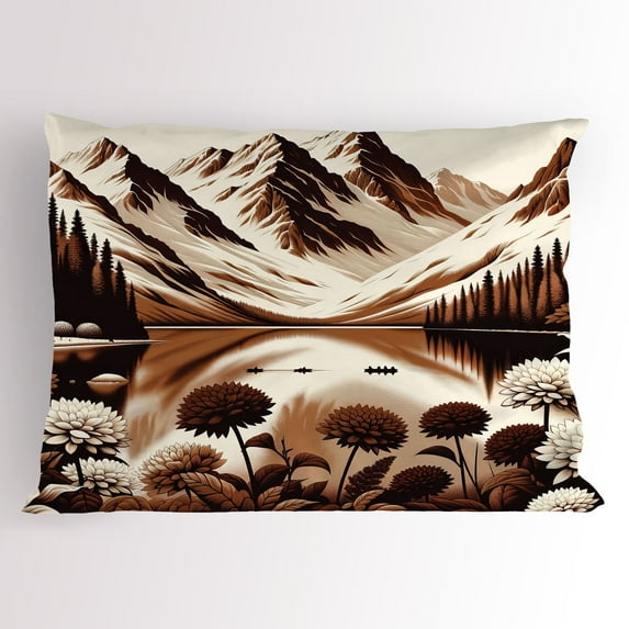 Ambesonne Lake Pillow Sham, Brownish Snowy Mountain Scene, 36" X 20", Pale Redwood Eggshell
