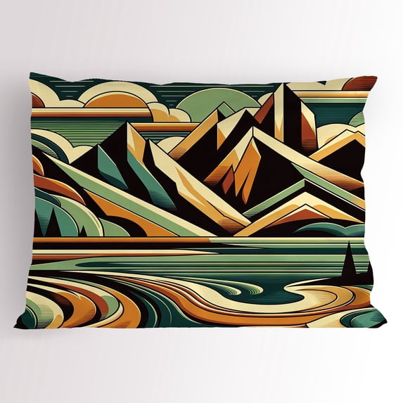 Ambesonne Lake Pillow Sham, Mountain Landscape Mid Century, 26" X 20", Orange Almond Green