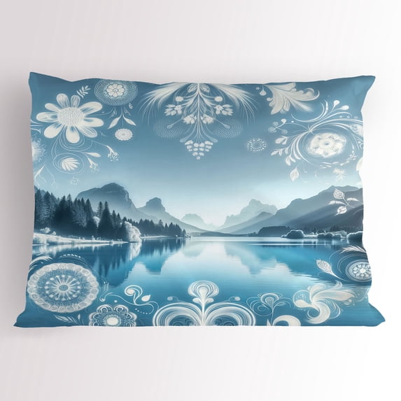 Ambesonne Lake Pillow Sham, Mountain Scenery Folk Wreath, 26" X 20", Slate Blue Sky Blue