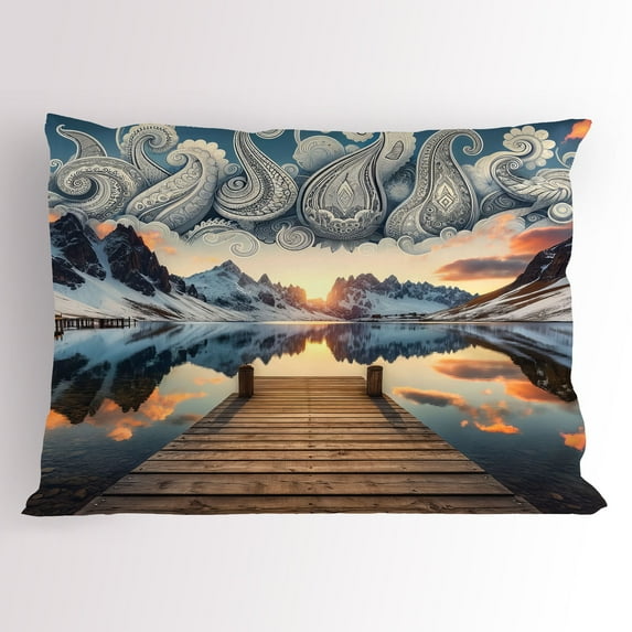 Ambesonne Lake Pillow Sham, Sunset Mountains Pier Paisley, 26" X 20", Slate Blue and Peach