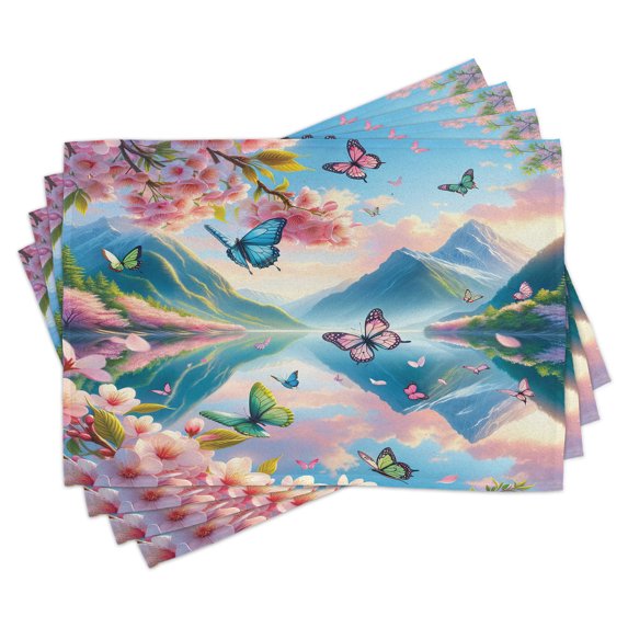 Ambesonne Lake Place Mats Set of 4, Butterflies Cherry Blossoms, Standard Size, Pink Sky Blue Green