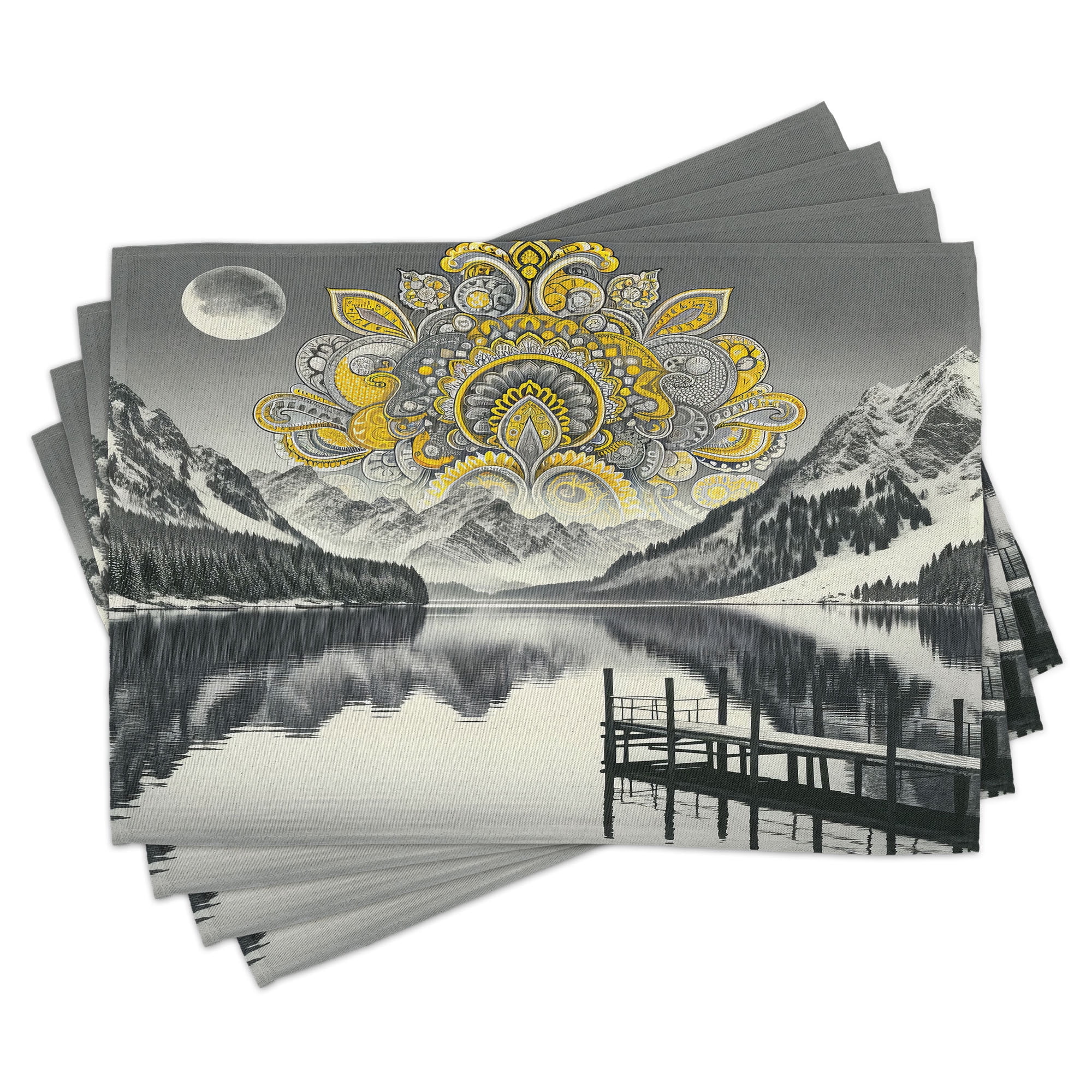 Yellow and Grey Mandala Mountain Polyester Placemats Set of 4