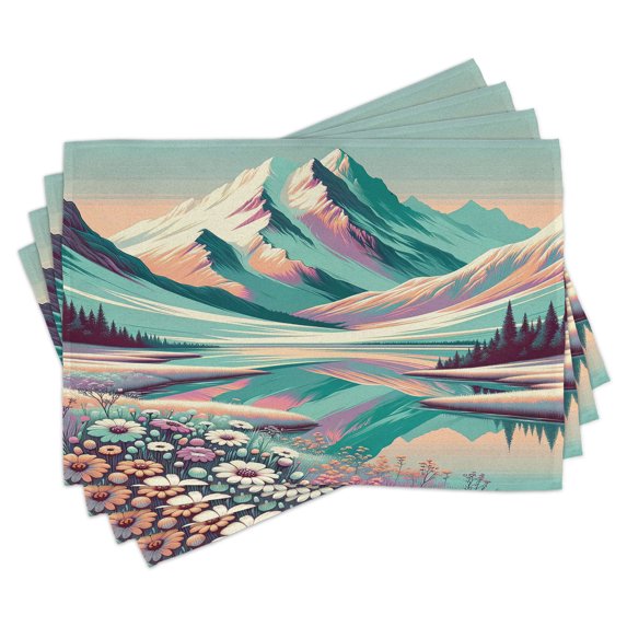 Ambesonne Lake Place Mats Set of 4, Snowy Mountain Dreamland Print, Standard Size, Seafoam Coral Plum