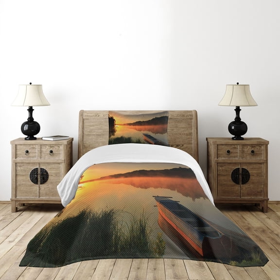 Ambesonne Lake Quilted Bedspread Set 2 Pcs, Boat on Misty Shoreline, Twin Size, Orange Dark Green Yellow