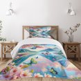 thumbnail image 1 of Ambesonne Lake Quilted Bedspread Set 2 Pcs, Butterflies Cherry Blossoms, Twin Size, Pink Sky Blue Green, 1 of 5