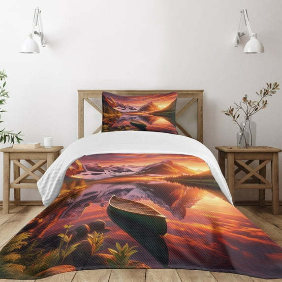 Ambesonne Lake Quilted Bedspread Set 2 Pcs, Lonely Boat Mountain Landscape, Twin Size, Olive Green and Burnt Sienna