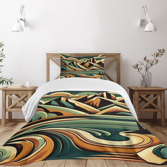 Ambesonne Lake Quilted Bedspread Set 2 Pcs, Mountain Landscape Mid Century, Twin Size, Orange Almond Green