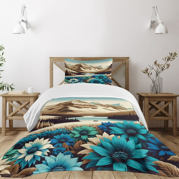 Ambesonne Lake Quilted Bedspread Set 2 Pcs, Mountain Scene Icy Tone Floral, Twin Size, Pale Blue Pastel Brown