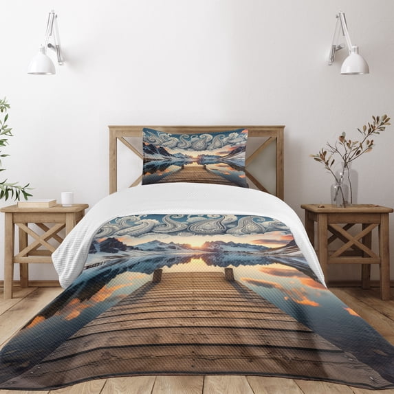 Ambesonne Lake Quilted Bedspread Set 2 Pcs, Sunset Mountains Pier Paisley, Twin Size, Slate Blue and Peach