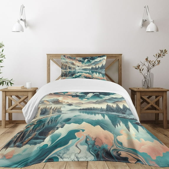 Ambesonne Lake Quilted Bedspread Set 2 Pcs, Woodland Mountain Print Cloudy, Twin Size, Cadet Blue Peach Teal