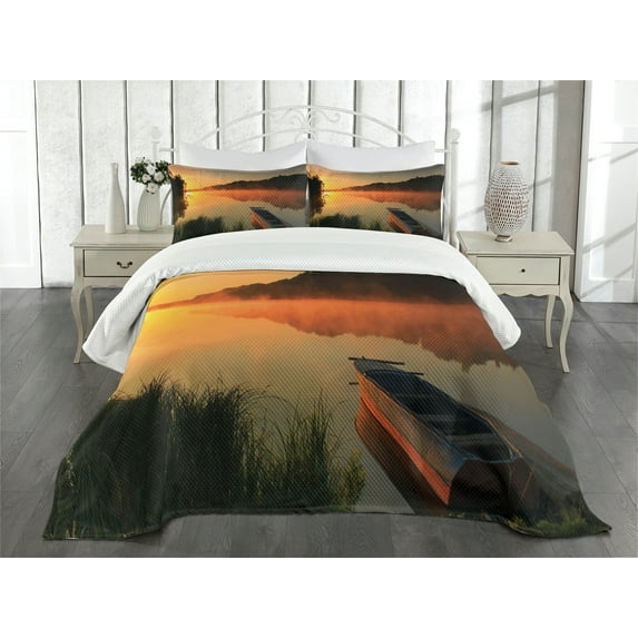 Ambesonne Lake Quilted Bedspread Set 3 Pcs, Boat on Misty Shoreline, King Size, Orange Dark Green Yellow