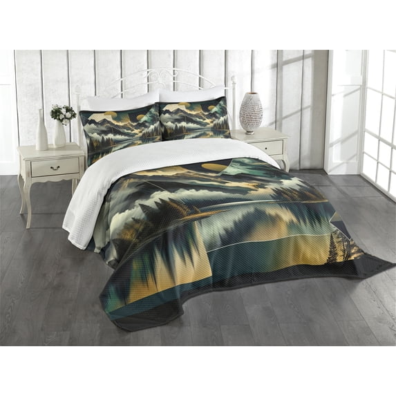Ambesonne Lake Quilted Bedspread Set 3 Pcs, Clouds Mountains Geometric Art, Queen Size, Teal Earth Yellow Grey